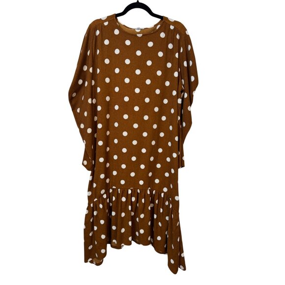 2/$30 Zara Trafaluc Large Polka Dot Long Brown/White Mutton Sleeve Dress - Picture 13 of 14